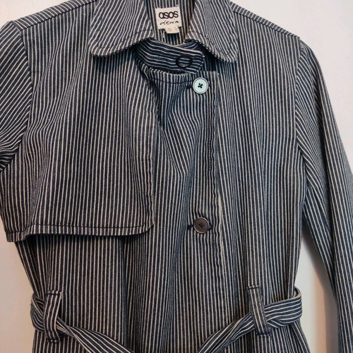 Asos denim classic pinstripe trench coat used, navy blue, size 6