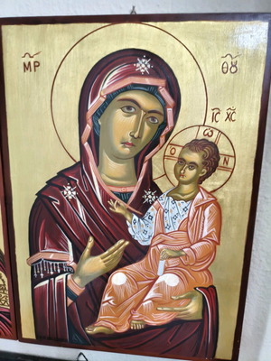 Panagia handmade icon of Mount Athos style with 18-carat gold leaf