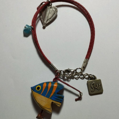 Handmade bracelet with fish and metal heart like new, brown multicolor