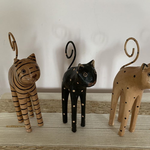 Handmade wooden cat set of 3 with wire tails, new