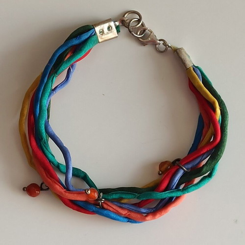Handmade 925 bracelet with silk ribbons like new, multicolor