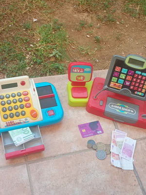 Toy cash registers, set of 2, with coins and banknotes