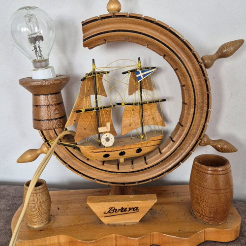 Wooden ship lamp used with ship wheel and pencil holders