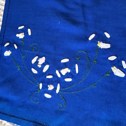 Handmade table runner blue with ribbon embroidery and lace 85x37