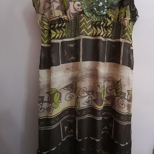 Summer dress khaki medium with green floral embroidery used