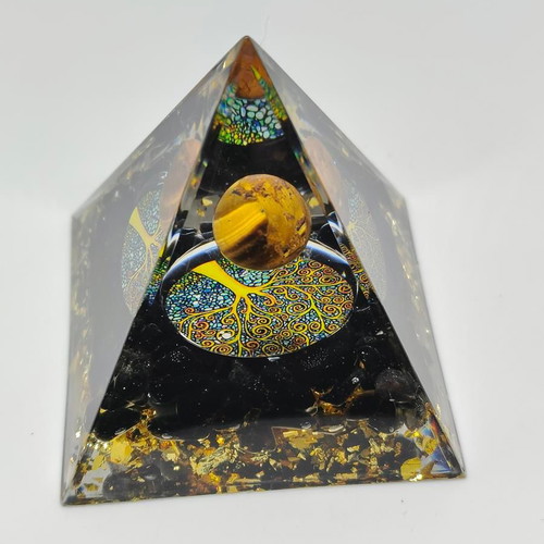 Handmade Orgonite Pyramid with Tiger's Eye and Tree of Life
