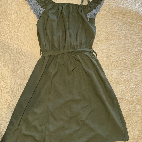 Khaki dress with wrap design and lace details, like new