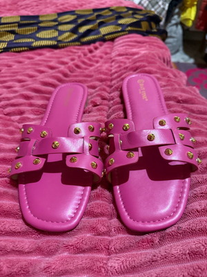 Φούξια flat σανδάλια slides με χρυσά τρουκς σαν καινούργια
