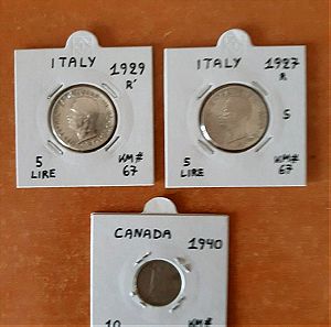 3 Ασημενια νομισματα 1) 5 λιρετες Ιταλιας 1927 -2) 5 λιρετες Ιταλιας 1929- 3) 10 σεντς Καναδα 1940