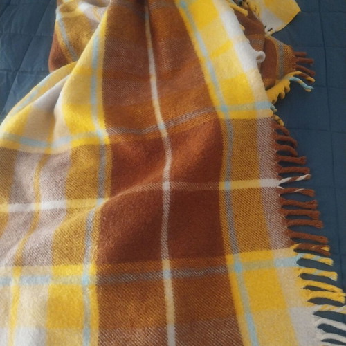 Wool Plaid Blanket used with fringes, brown and mustard colors