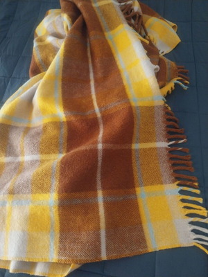 Wool Plaid Blanket used with fringes, brown and mustard colors