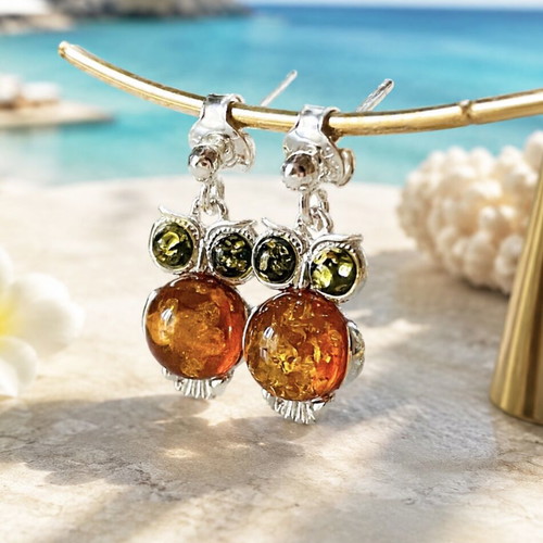 Amber Owl Earrings, Sterling Silver 925, Natural Baltic Amber