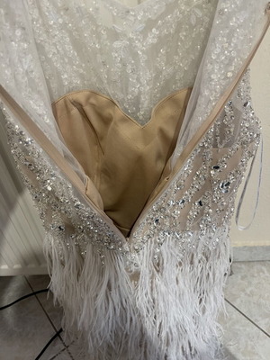 Evening dress with feathers, white and beige, size L