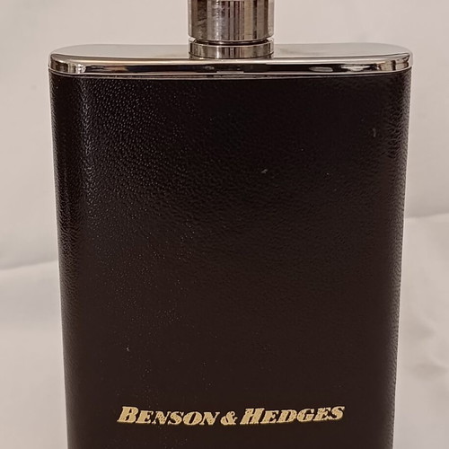 Benson & Hedges 3oz hip flask used, stainless steel with leatherette