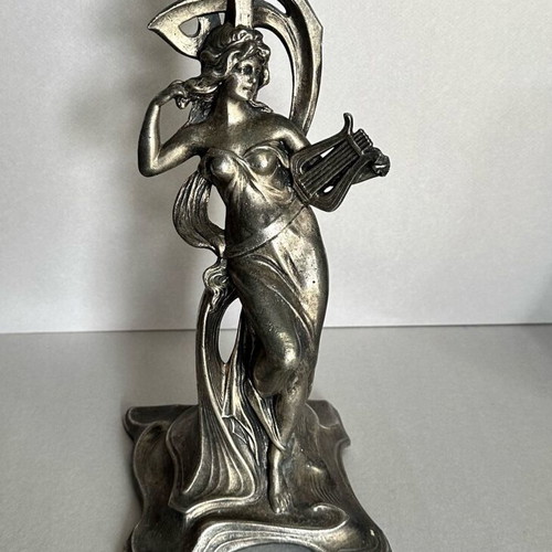 Antique Art Nouveau Metal Candlestick with Female Muse and Lyre used