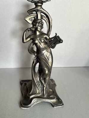 Antique Art Nouveau Metal Candlestick with Female Muse and Lyre used