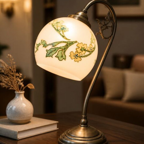 Handmade table lamp used, hand-painted with enamel, bronze base