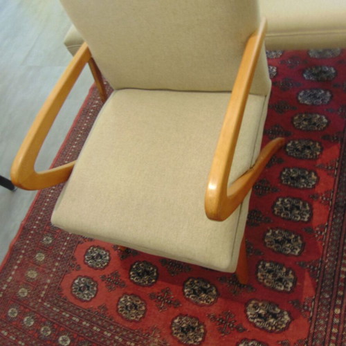 Vintage Danish armchair and 2 chairs with side table, fully refurbished