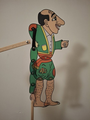 Karagiozis shadow theatre figure with wooden springs