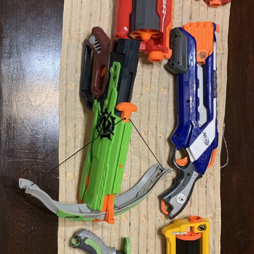 Nerf plastic guns used, set of 6, one bow needs rubber replacement