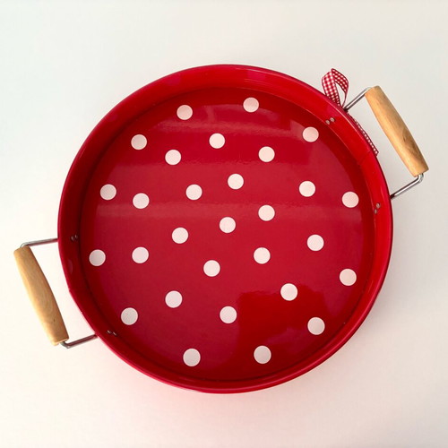 Spiegelburg metal serving tray with wooden handles, like new, red with white dots