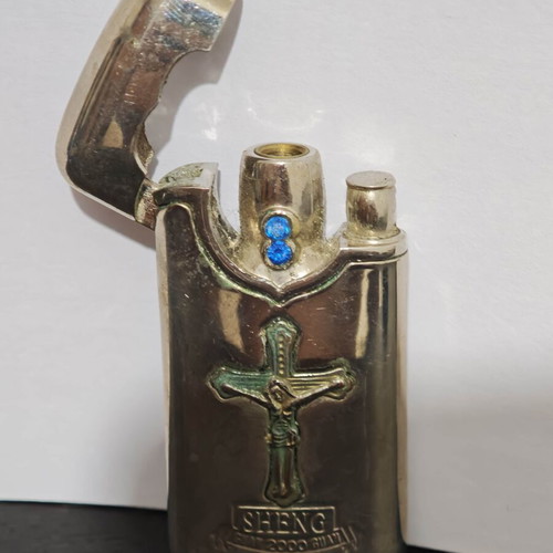 Vintage Sheng 2000 Gas Lighter "Crucifixion" with Blue Crystals new