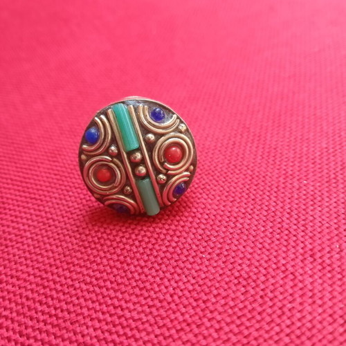 Handmade ring with natural Iranian stones turquoise coral lapis lazuli, adjustable