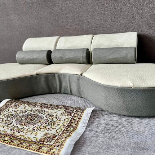 Designer white leather sofa with gray accent and cushions for Barbie