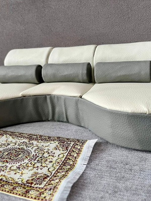 Designer white leather sofa with gray accent and cushions for Barbie