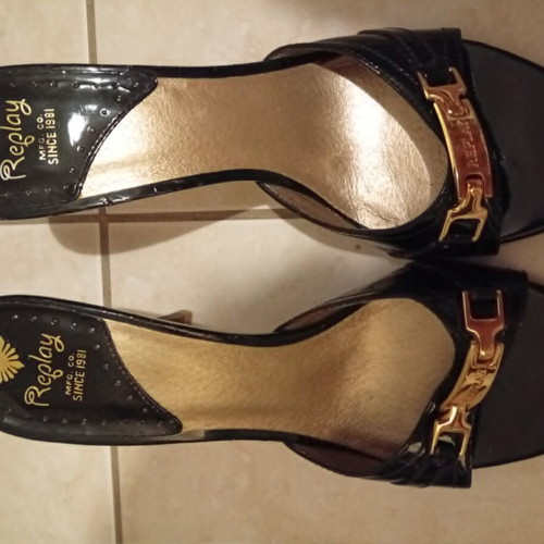 Replay black patent leather mules with gold buckle, size 39