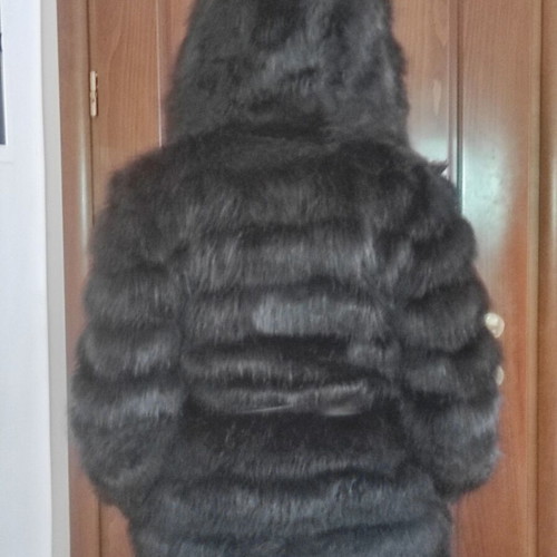 Anel black faux fur with hood and belt like new
