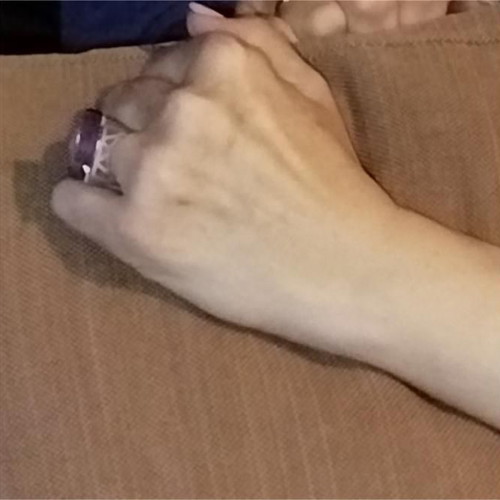 Silver geometric ring used with purple rectangular crystal