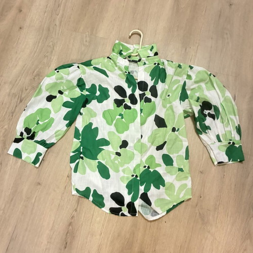 A.L.E. linen shirt green, size small, puffed shoulders