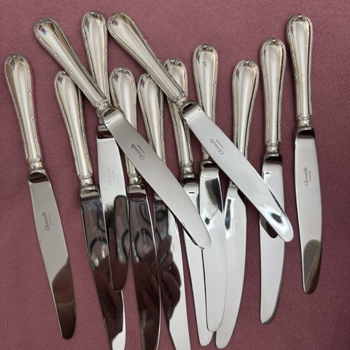 Christofle vintage silver plated knives set of 12, Rubans Croisés design