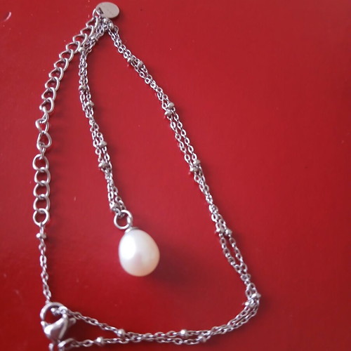 Steel stainless necklace with genuine pearl, 42 cm, like new
