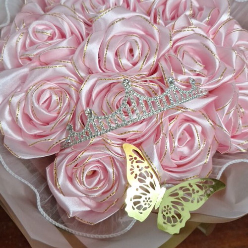 Handmade satin rose bouquet with tiara and golden butterflies