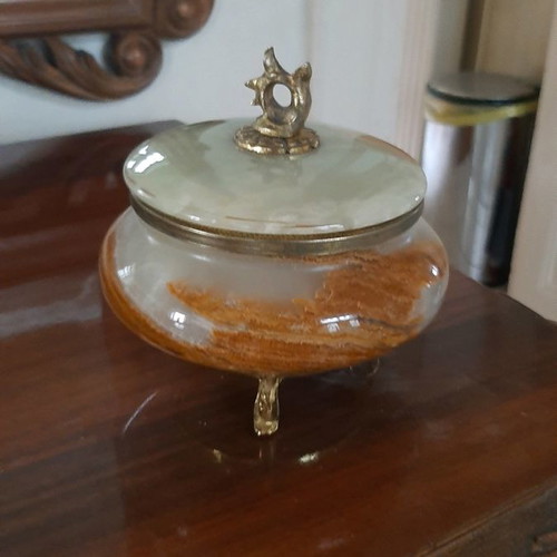 Decorative item used, green onyx with gold legs and handle