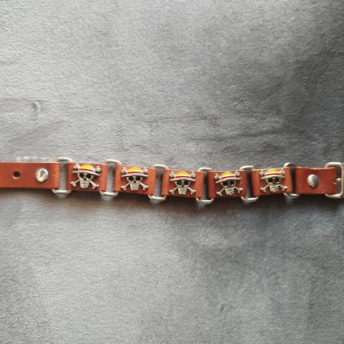 One Piece anime leather bracelet with Straw Hat skull logo used
