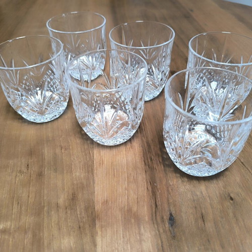 Vintage crystal whiskey glasses set of 6 with embossed designs