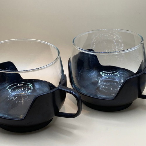 Glass cups with plastic holders vintage '70s set of 4 like new