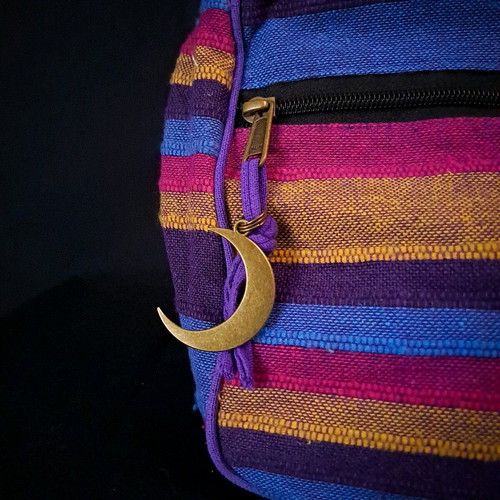 Cotton Sling Bag new, pink and multicolored with copper moon charm