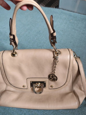 DKNY leather bag used, beige handheld with metal details