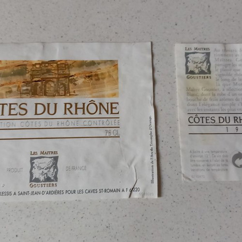 Cotes Du Rhone Blanc 1994 labels used, 12x9 and 8x7 cm
