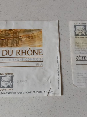 Cotes Du Rhone Blanc 1994 labels used, 12x9 and 8x7 cm