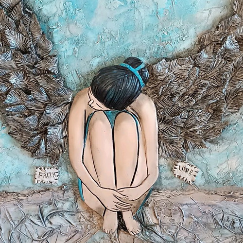 Canvas painting with handmade clay wings, new, 0.80×0.60 m