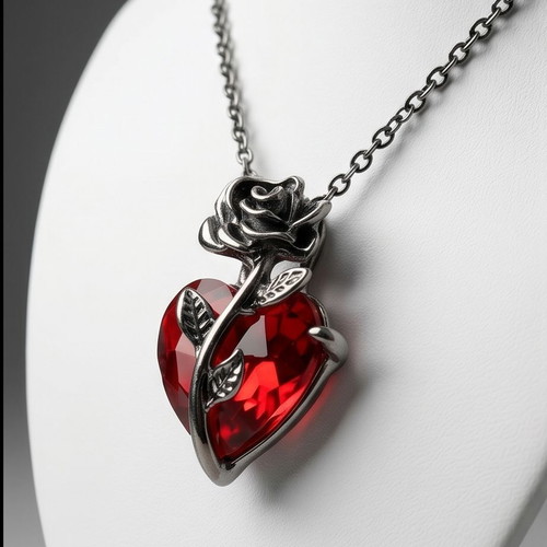 Steel necklace with red heart and rose, new