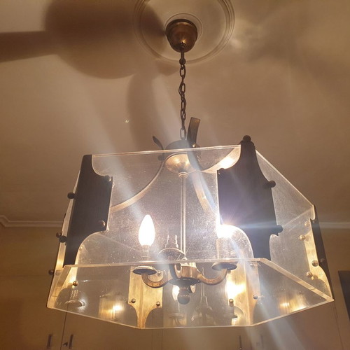 Φωτιστικό οροφής τετράφωτο μεταχειρισμένο από μπρούτζο και plexiglass