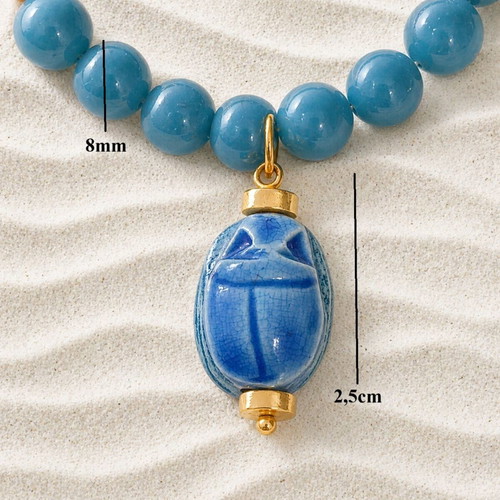 Handmade steel necklace with amazonite and scarab pendant new, turquoise and gold