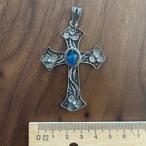 Vintage filigree cross with blue stone like new