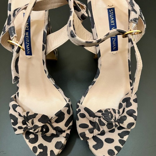 Stuart Weitzman Leopard Print Sandals 37.5 New, Pink-Beige